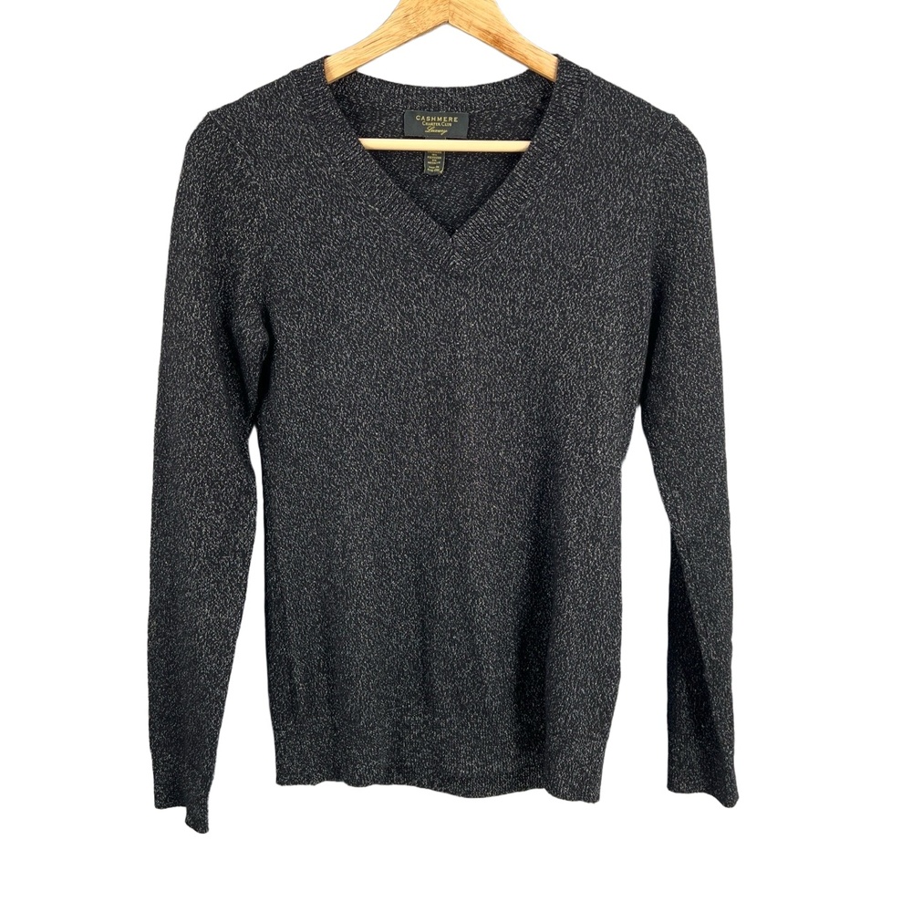 Charter Club Sweater Black Gold Sparkle‎ Cashmere Blend Long Sleeve Vneck XS